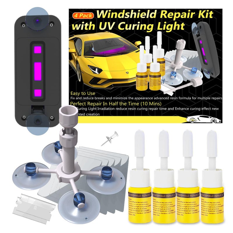 Windshield Repair Kit Windshield Crack Repair Kit 4 Pack Windscreen Repair Kit with Enhanced Injection Head Suction Cup UV Curing Light Windshield Chip Repair Kit for Chips Scratches Cracks